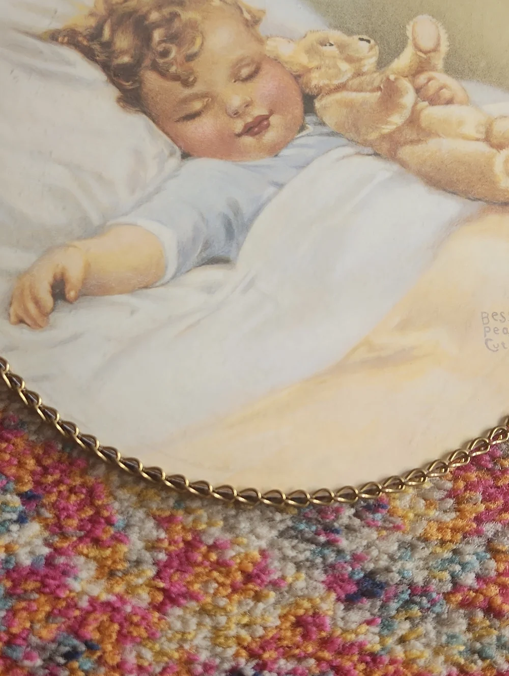 Sleeping Baby Wall Plaque with Teddy - Vintage Illustration